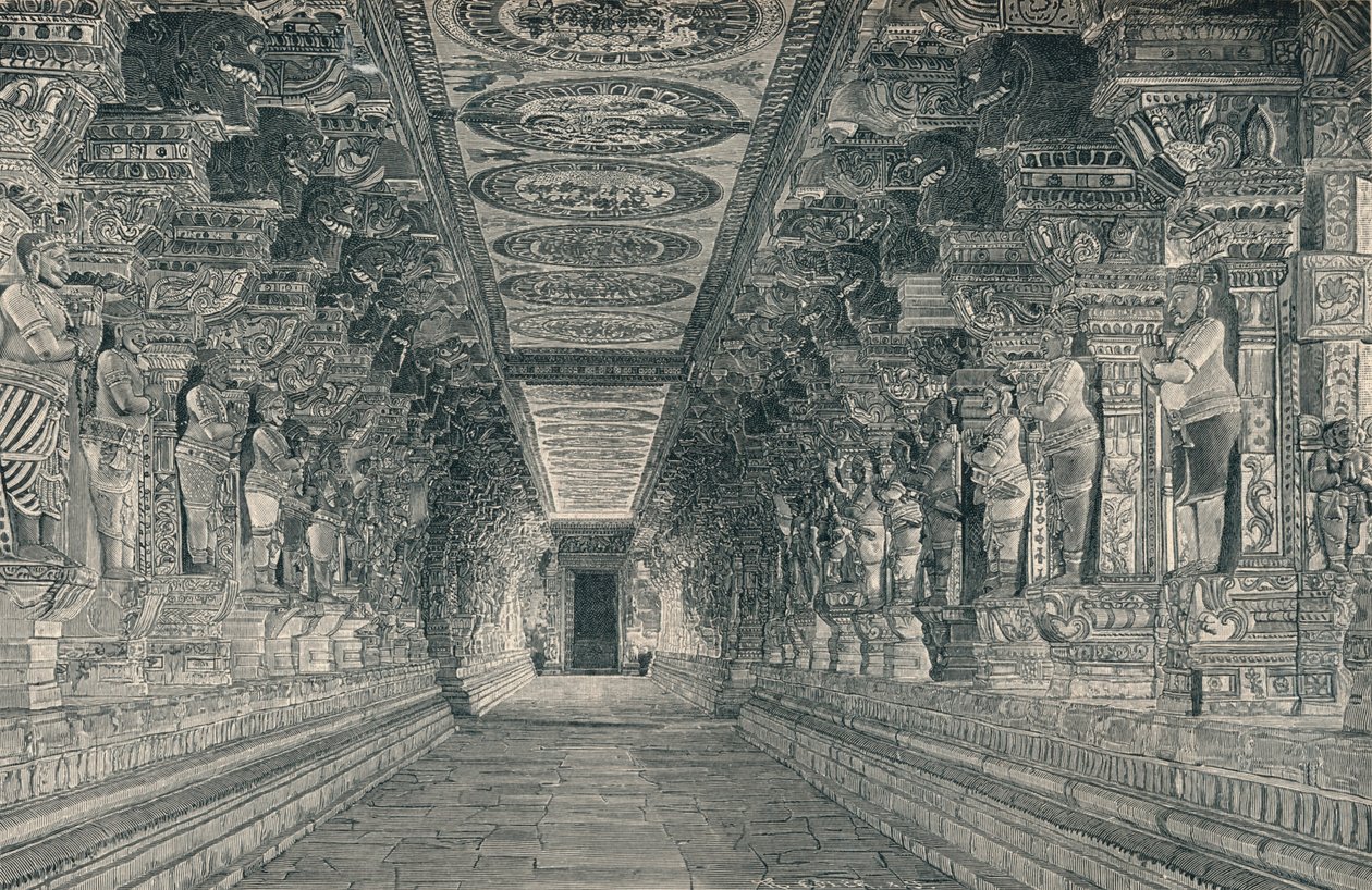Kolonnad i det inre av det hinduiska templet på ön Rameswaram i södra Indien, c1903, av Unbekannt