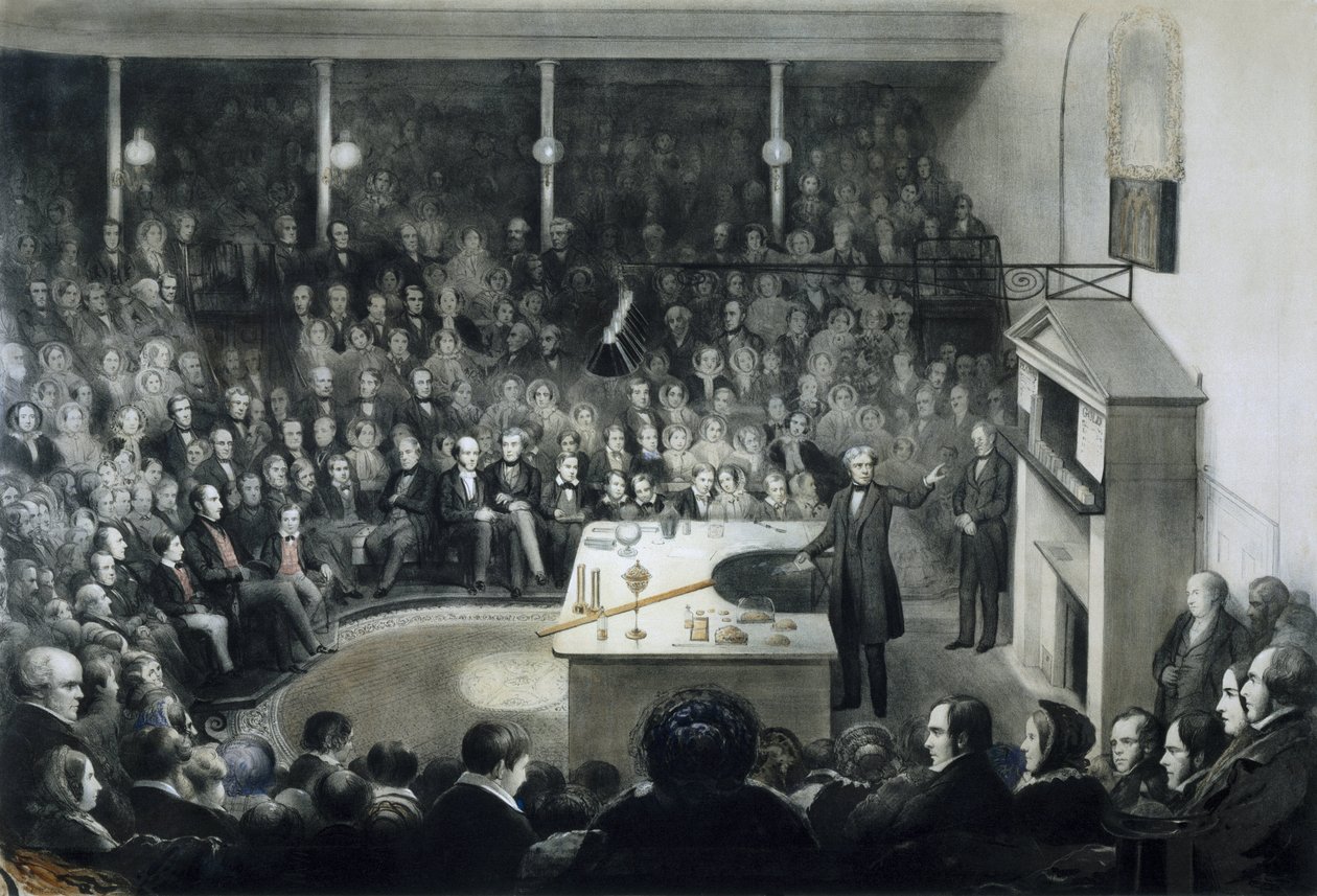 Föreläsning av fysikern Michael Faraday (1791-1867) framför Royal Institution i London den 27 december 1855 i närvaro av prins Albert av Saxe Cobourg Gotha (Saxe-Cobourg-Gotha) av Unbekannt