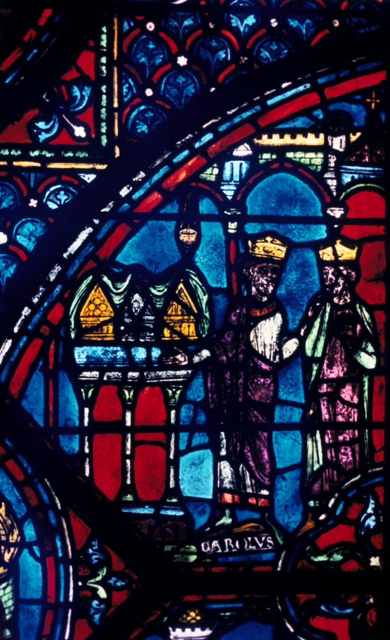 Konstantin presenterar reliker till Karl den Store, målat glas, Chartres katedral, Frankrike, c1225 av Unbekannt