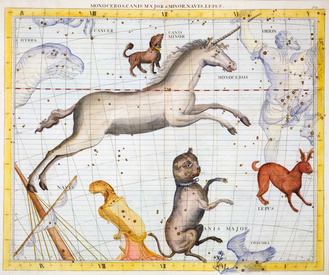 Konstellationer av Monoceros, Canis Major och Canis Minor, 1729 av Unbekannt
