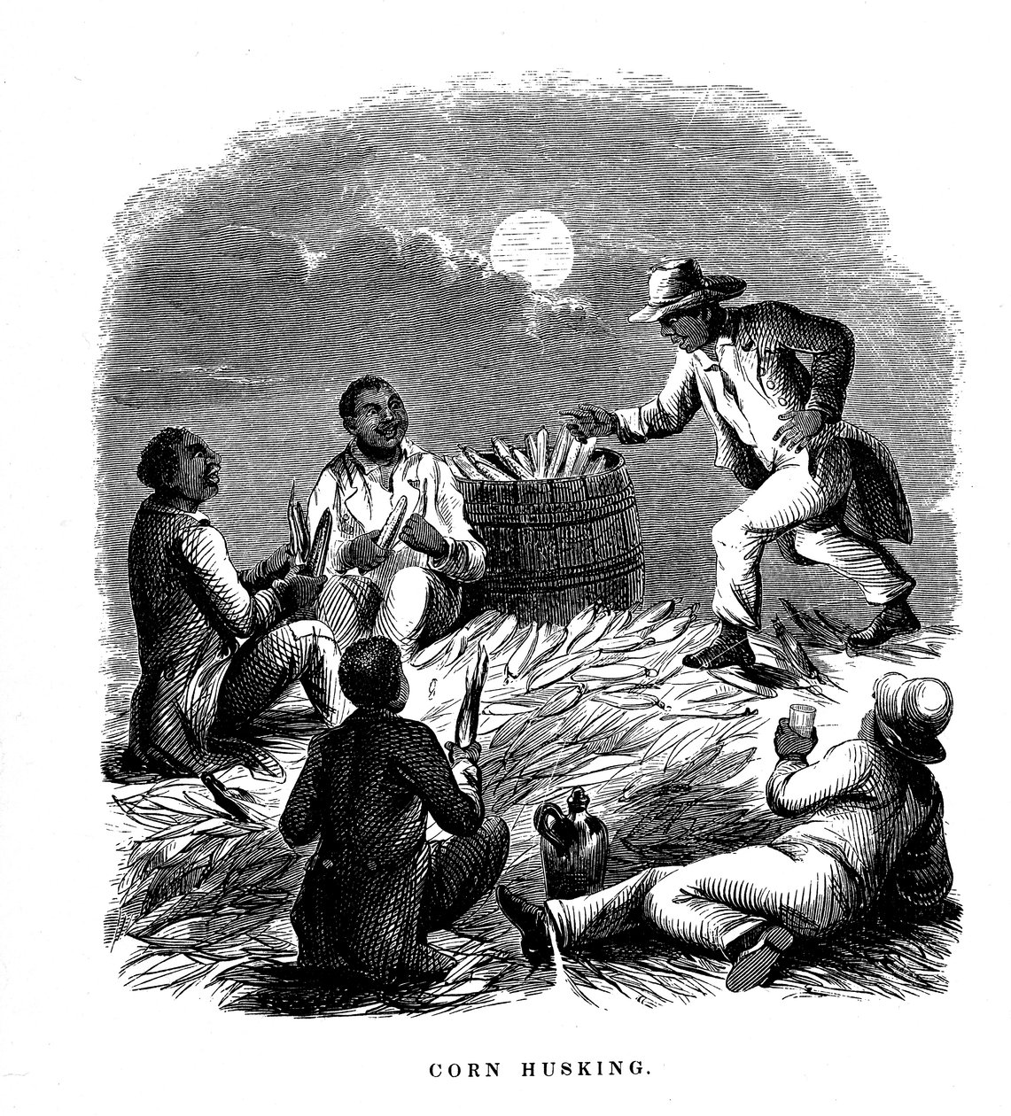 Corn Husking, svarta arbetare som skalar majs, södra USA, c1850 av Unbekannt