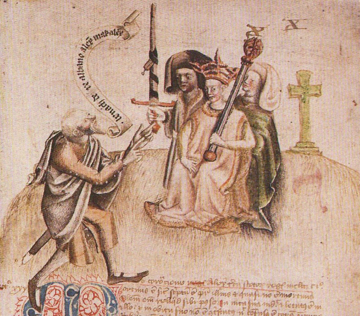 Kröning av kung Alexander III på Moot Hill, Scone. Från manuskript av Scoticronicon av Walte av Unbekannt