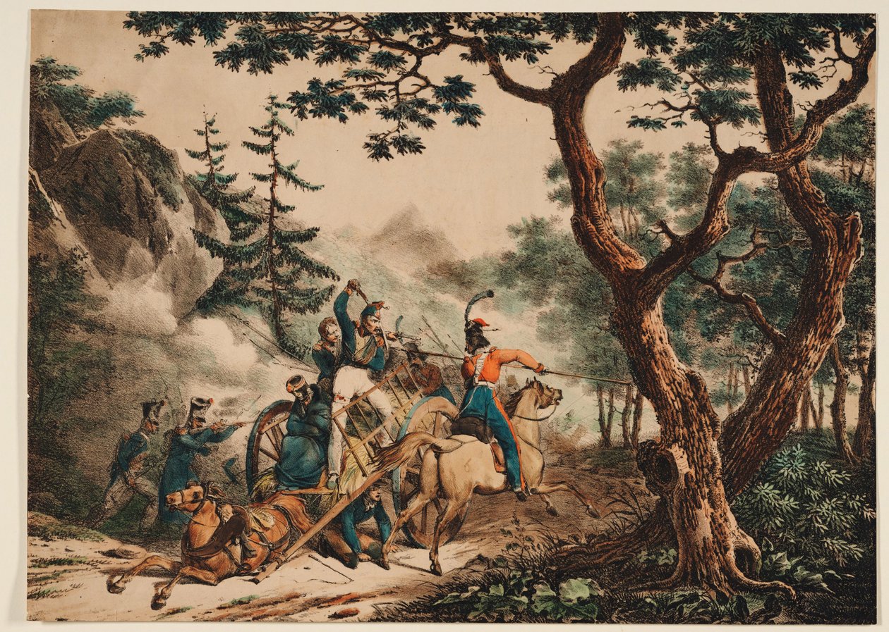 Kosacker attackerar franska soldater i en skog, 1825 av Unbekannt