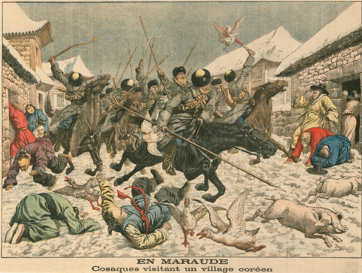 Kosacker terroriserar en koreansk by, rysk-japanska kriget, 1904 av Unbekannt