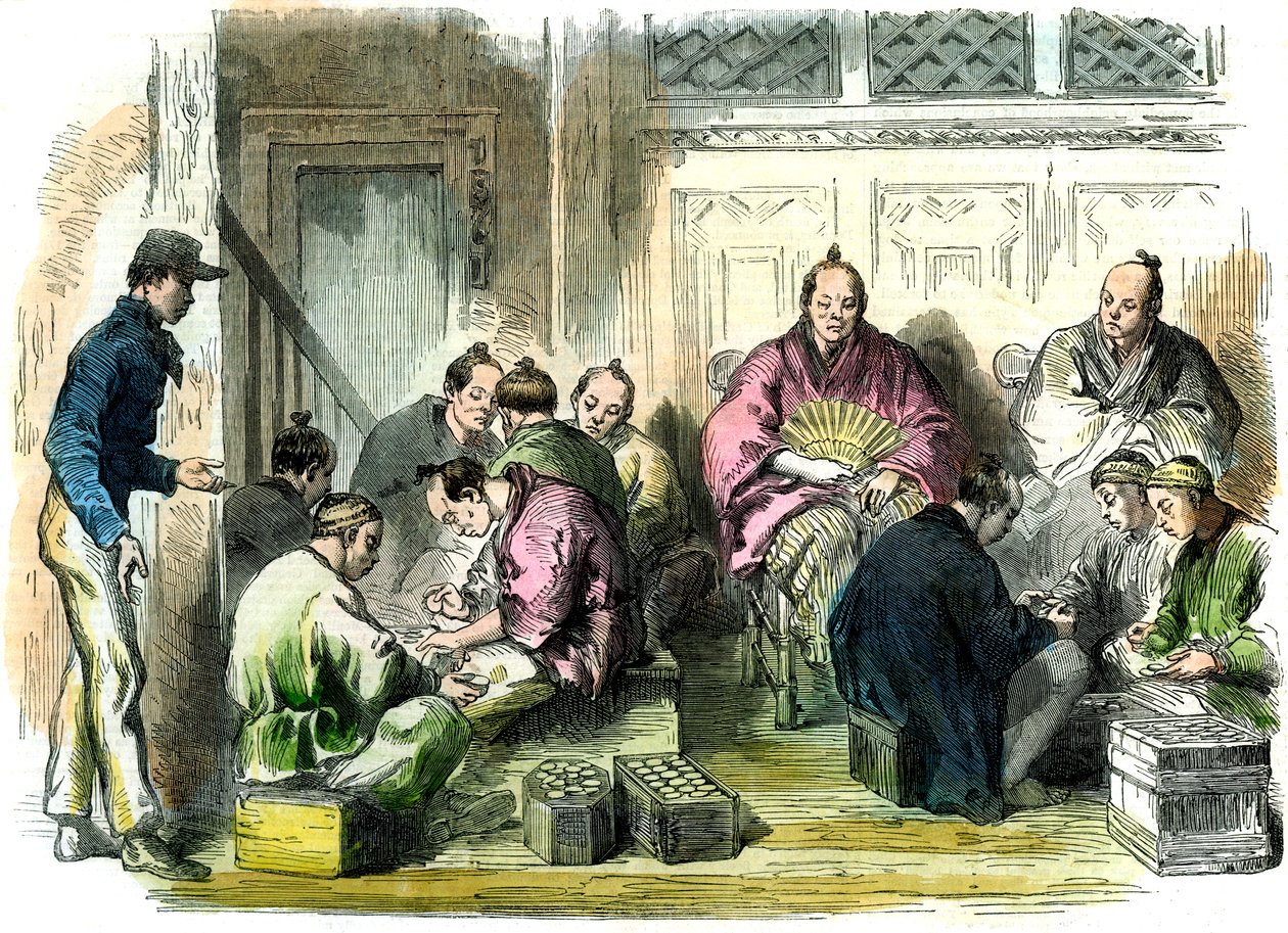 Räknar kompensationspengarna för mordet på Mr Richardson, Japan, 1863 av Unbekannt