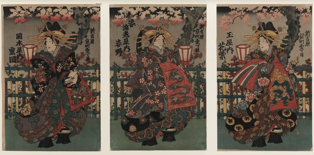 Kurtisanerna Shigeoka, Sugatano och Hanamurasaki. Triptyk. Från serien The Beautys of the Yoshiw av Unbekannt