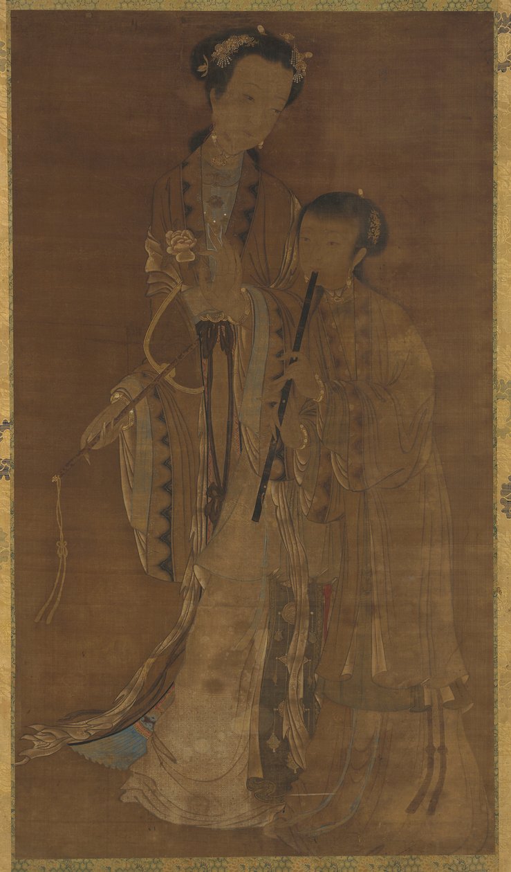 Kurtisaner med fläkt och flöjt, Qingdynastin, 1600-1700-tal. av Unbekannt