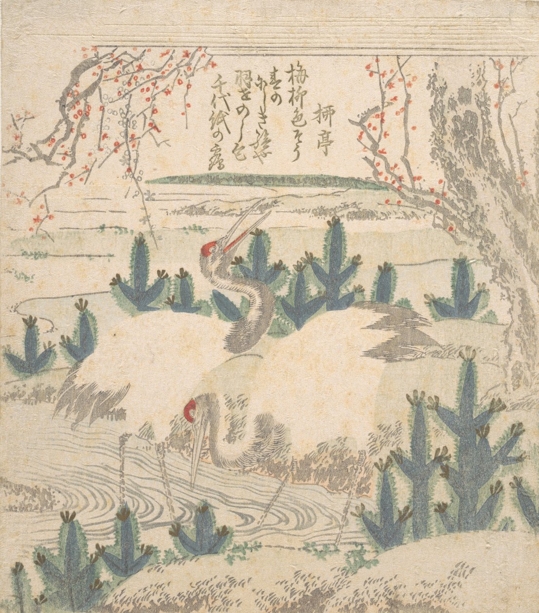 Tranor bland unga tallar nära en bäck, ca. 1830. av Unbekannt