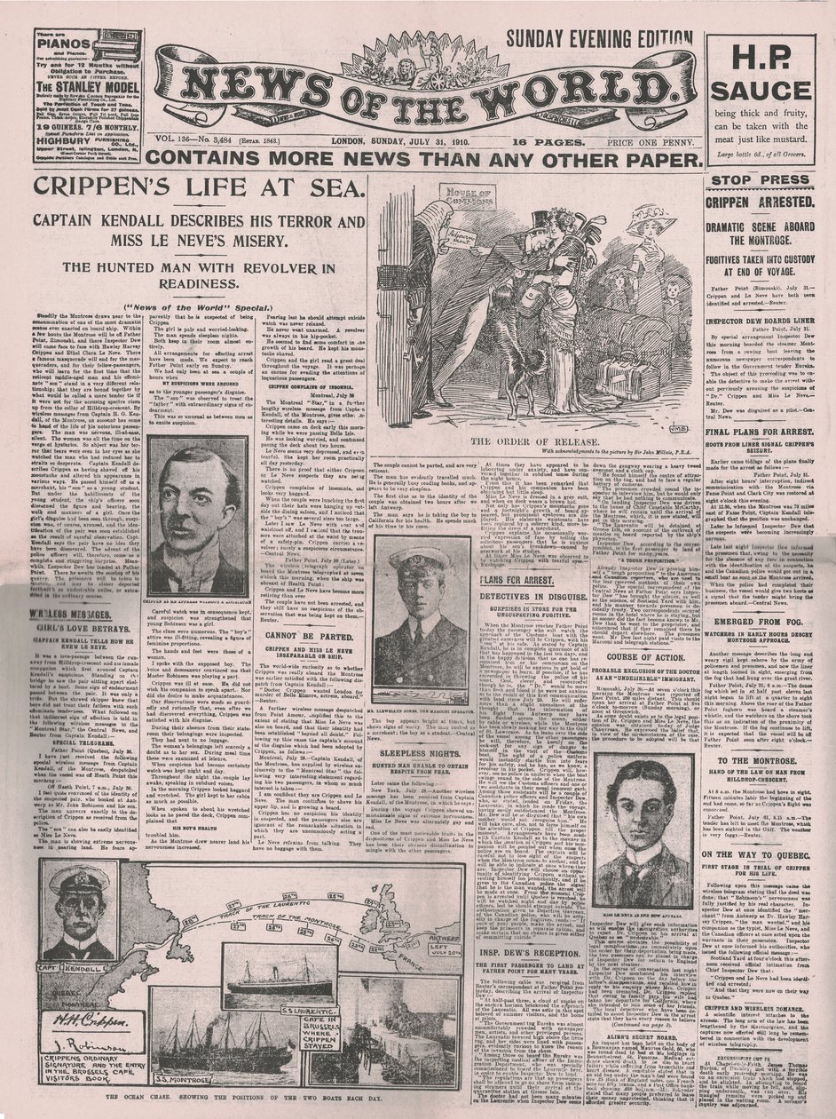 Crippens Life at Sea, förstasidan av News of the World, 31 juli 1910. av Unbekannt