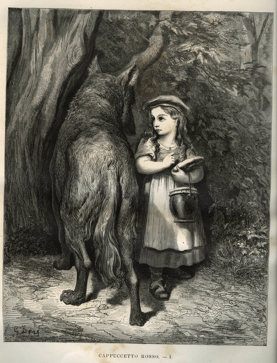 När den korsar skogen möter den lilla rödluvan vargen. Gravyr av Gustave Dore (1832-1883) från "" Les contes"" av Charles Perrault (1628-1703) av Unbekannt