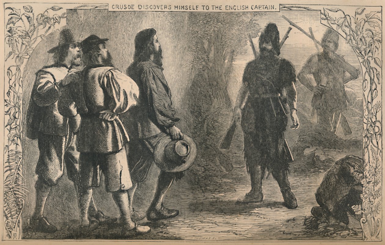 Crusoe upptäcker sig själv till den engelske kaptenen, c1870 av Unbekannt