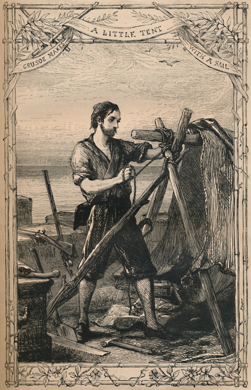 Crusoe gör ett litet tält med ett segel, c1870 av Unbekannt