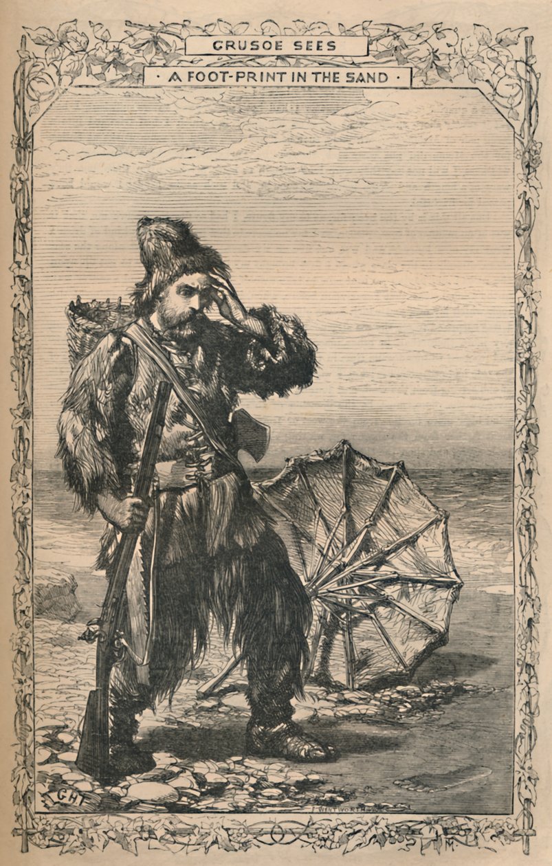 Crusoe ser ett fotavtryck i sanden, c1870 av Unbekannt