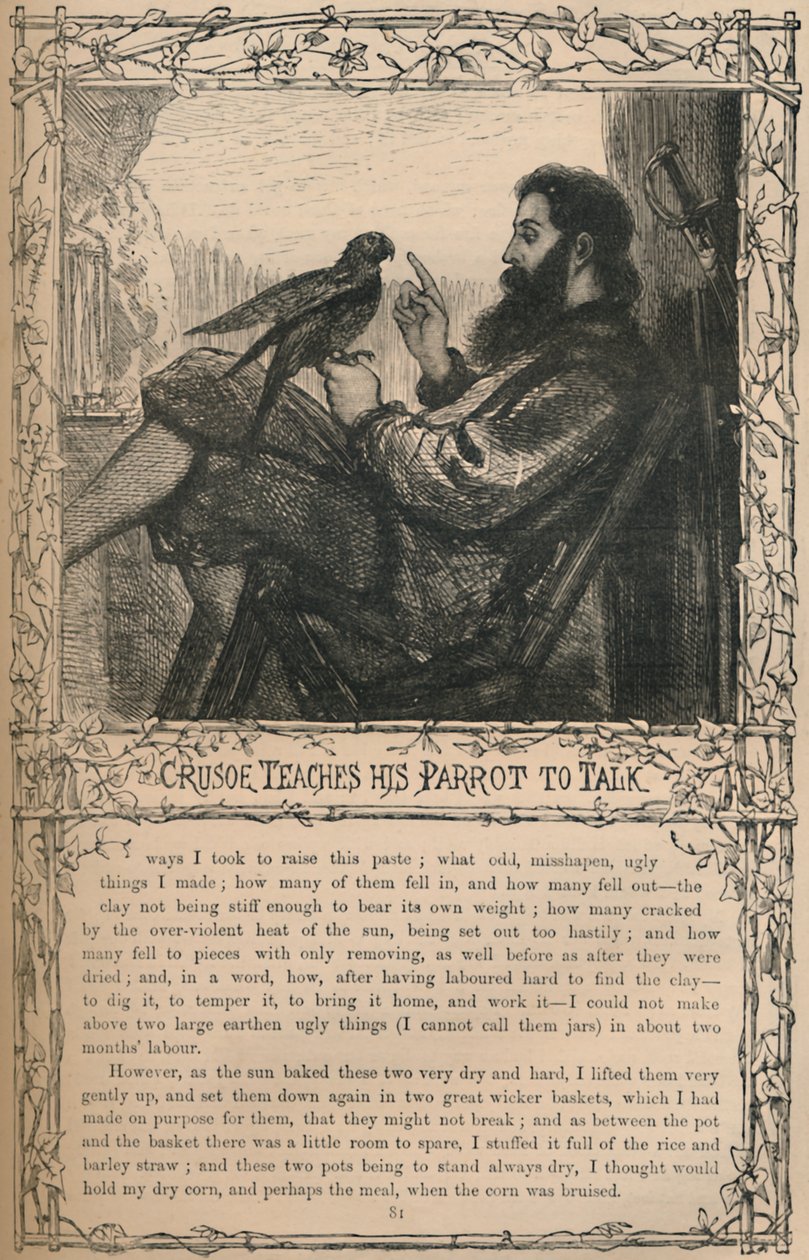 Crusoe lär sin papegoja att prata, c1870 av Unbekannt