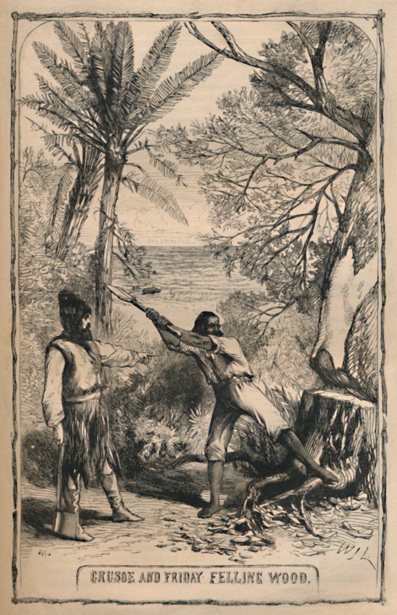 Crusoe and Friday Felling Wood, c1870 av Unbekannt
