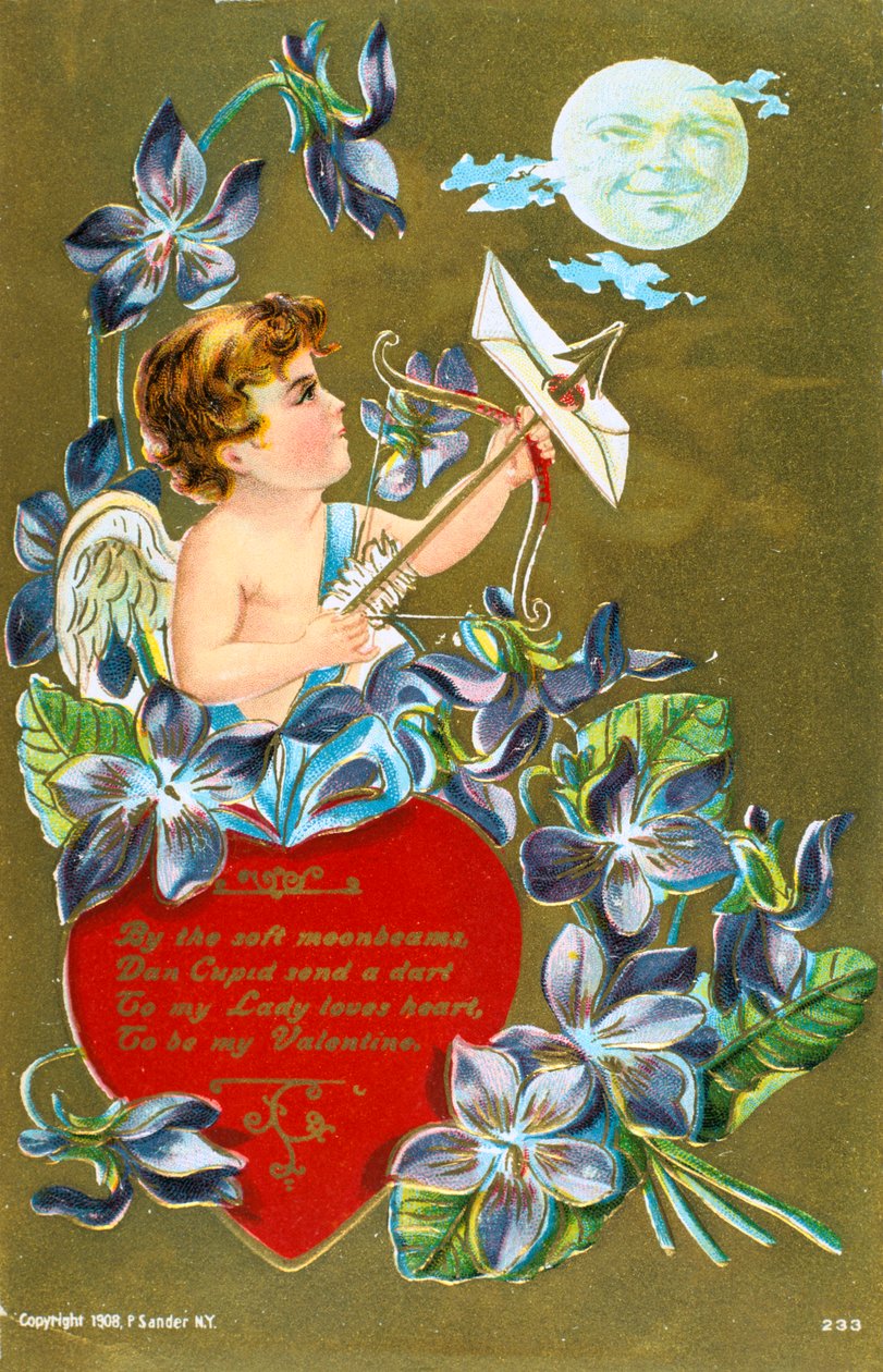 Amor som skjuter en pil med ett kärleksbrev, American Valentine-kort, 1908 av Unbekannt