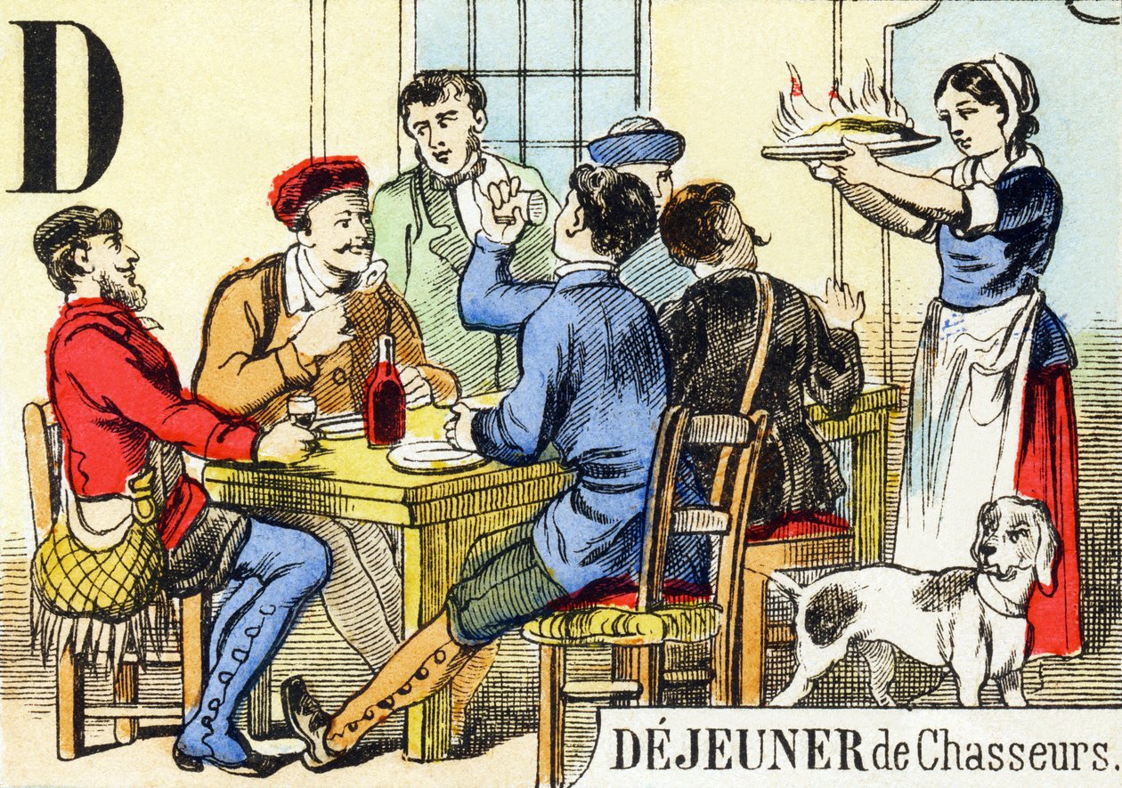 D: Jägarnas lunch - Jaktalfabetet, ca 1890 (gravyr) av Unbekannt
