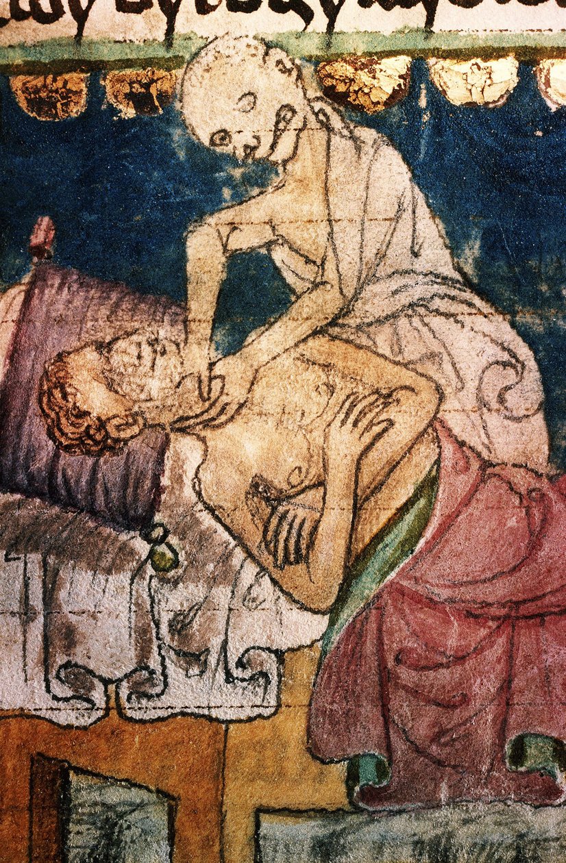 Döden stryper ett offer för pesten. Från Stiny Codex, 1300-talet av Unbekannt