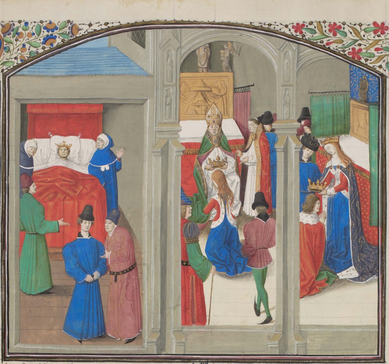 Baldwin IV:s död. Kröning av Guy av Lusignan. Miniatyr från Historia av William av Tyrus, 1460-talet av Unbekannt