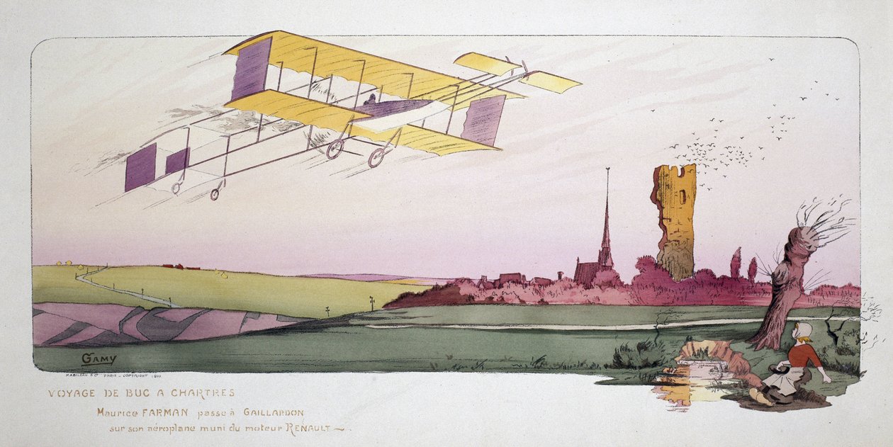 Början av flyget: Maurice Farman (1878-1964) i sitt biplan utrustad med en Renault-motor under loppet "Voyage de Bac a Chartres", cirka 1910 av Unbekannt