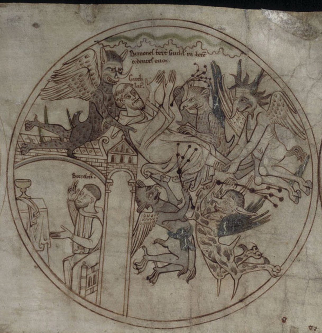 Demoner attackerar Guthlac Manuskript Sankt Guthlacs liv, tidigt 1100-tal av Unbekannt