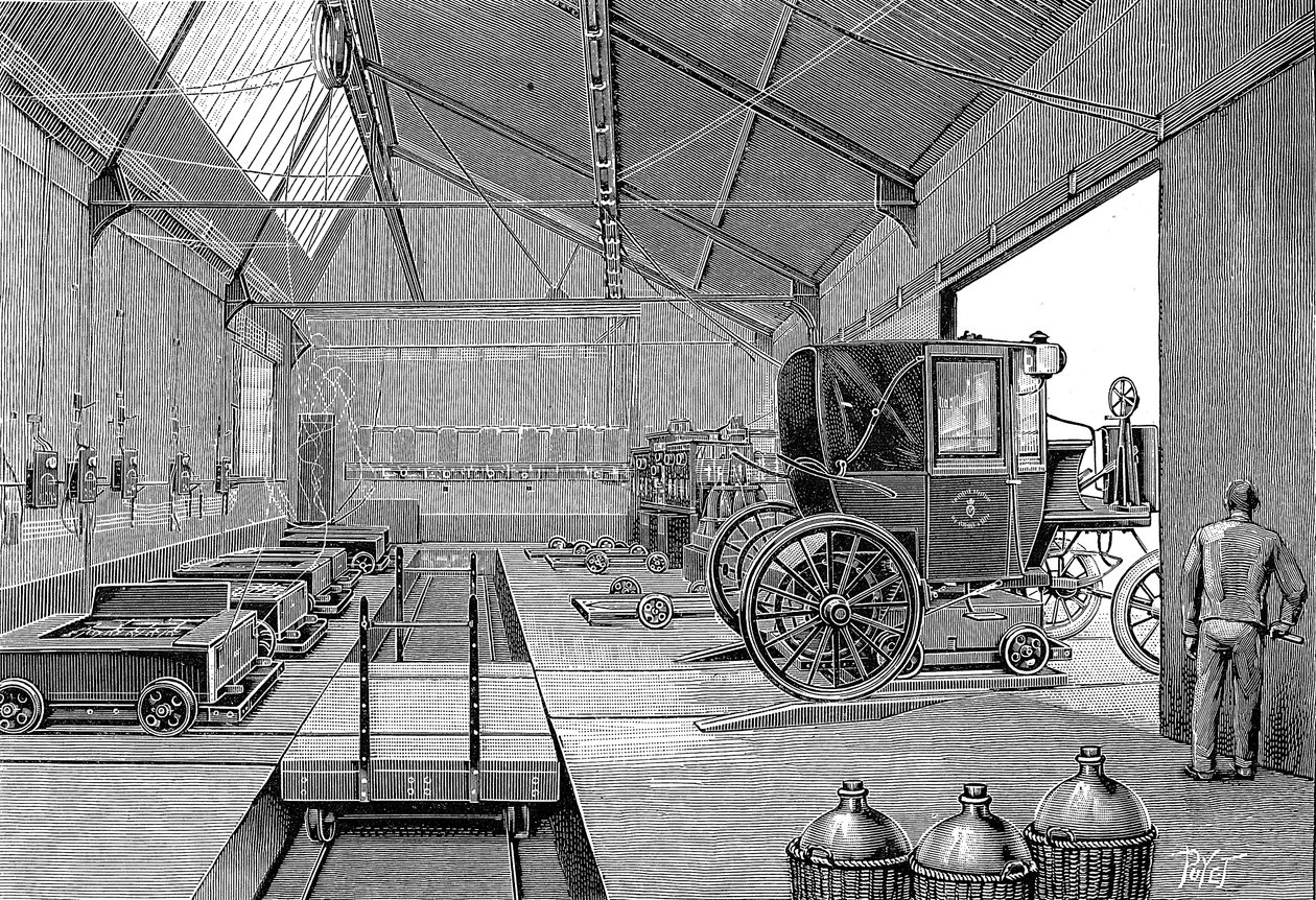 Depå där elektriskt drivna Parishytter försågs med nyladdade batterier, 1899 av Unbekannt