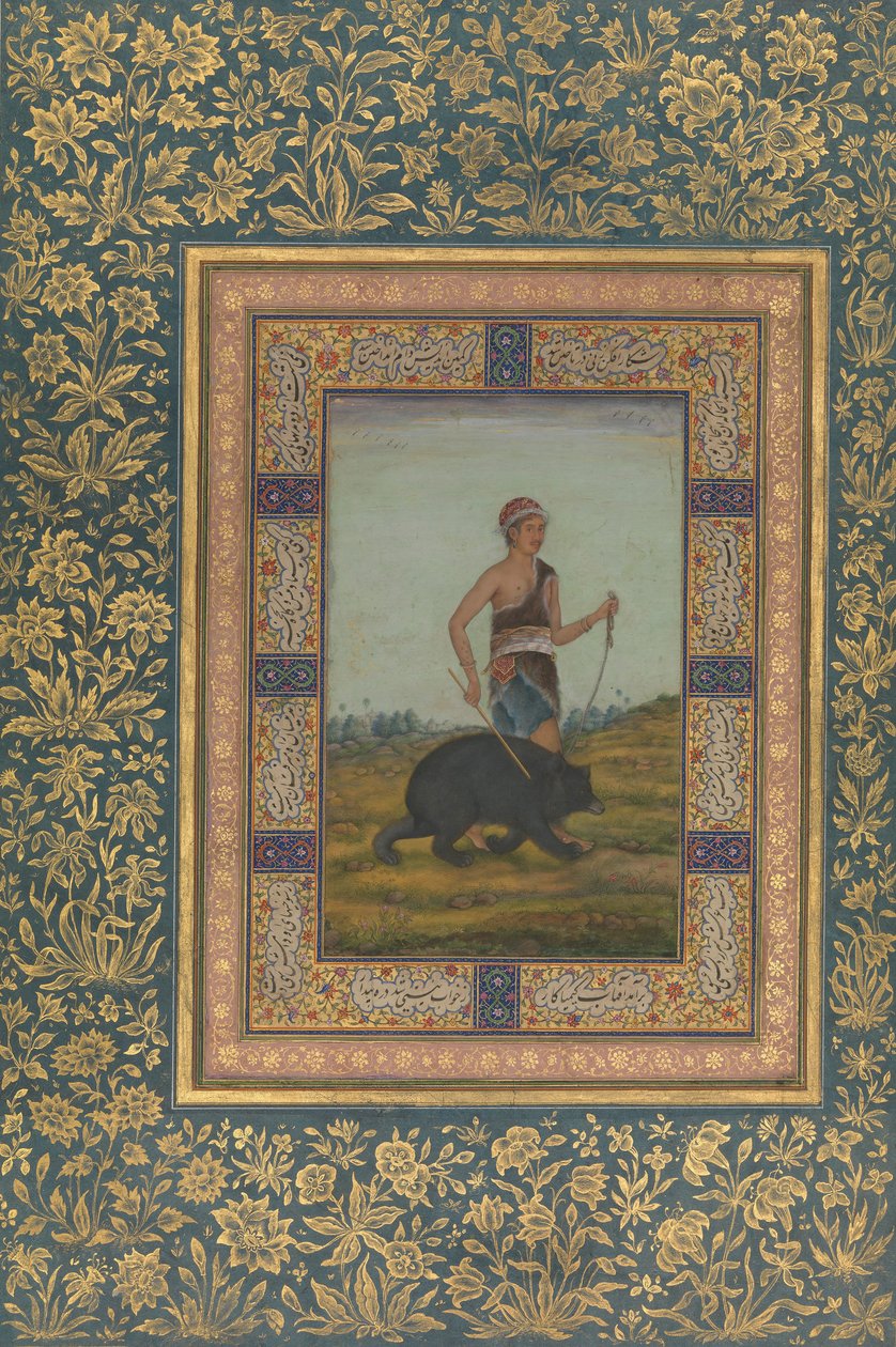 Dervish Leading a Bear, Folio från Shah Jahan Album, recto: tidigt 1800-tal. av Unbekannt