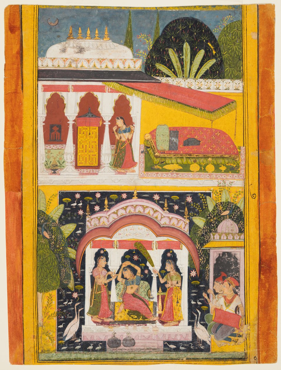 Desavarari Ragini, från en Ragamala-serie: En dam och två skötare i en berå i mitten, c169 av Unbekannt
