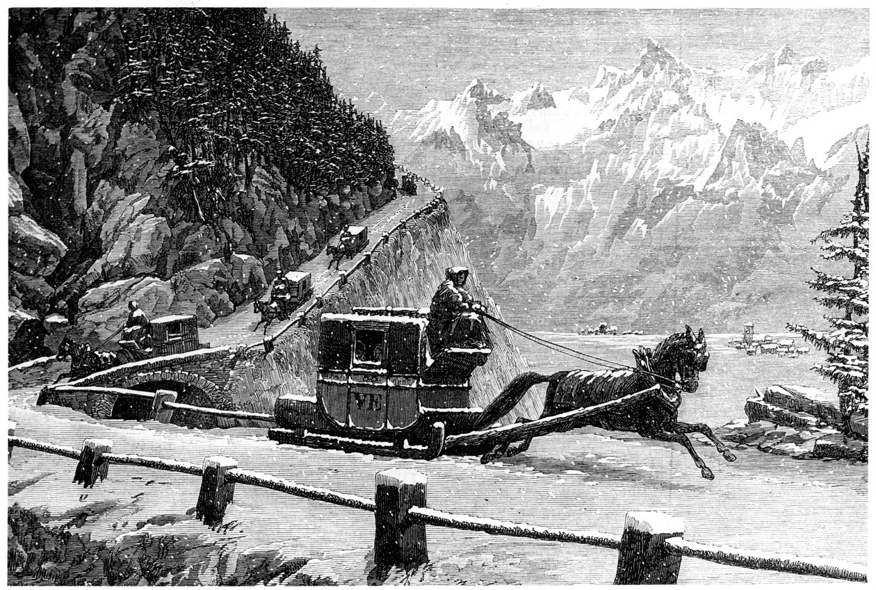 Nedför Mont Cenis-passet på vintern med hästdragen släde, 1800-talet av Unbekannt