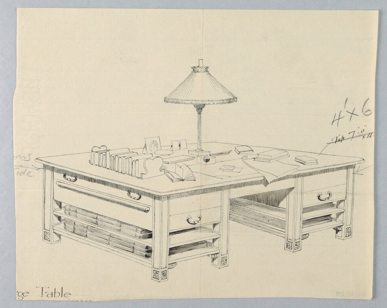 Design för massivt biblioteksförvaringsbord med två öppna bårhyllor på vardera sidan, 1900–05 av Unbekannt