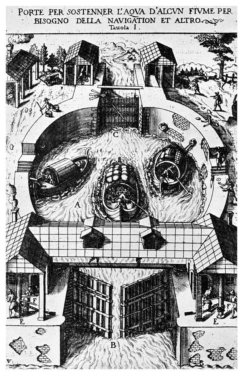 Design för gångjärnsförsedda kanalslussar av Leonardo da Vinci, 1400-talet 1956 av Unbekannt