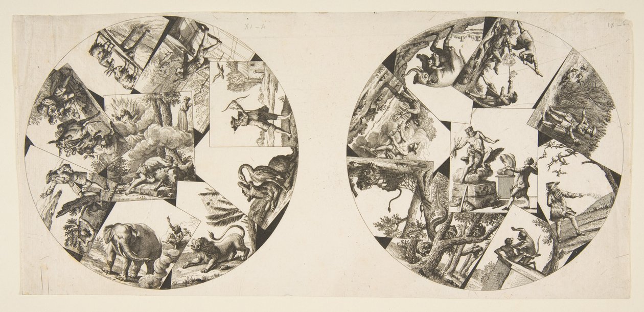 Design för tallrikar tagna från Audrys illustrationer till La Fontaines fabler, efter 1755. av Unbekannt