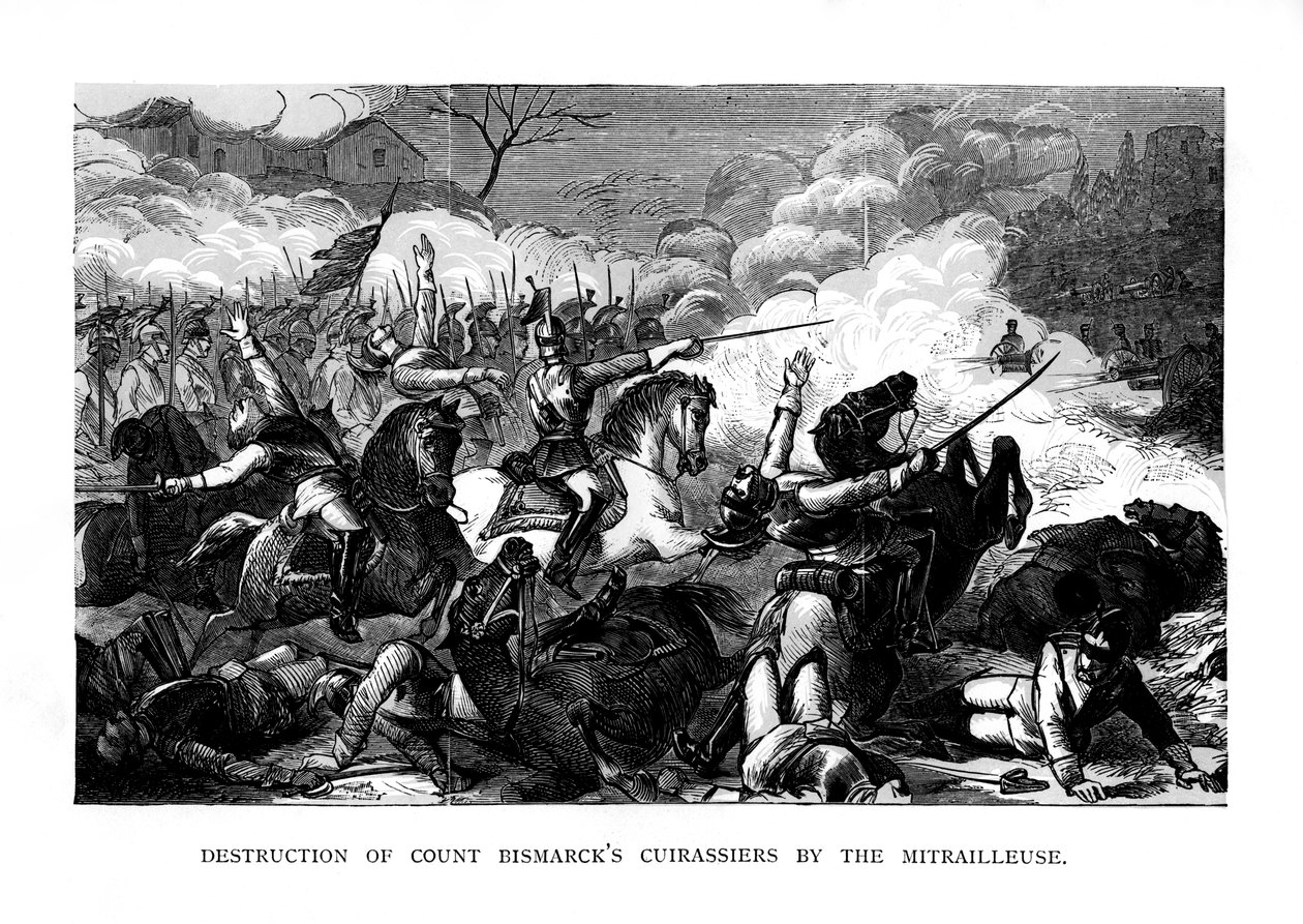 Förstörelse av greve Bismarcks Cuirassiers av Mitrailleuse, c1870, 1875 av Unbekannt