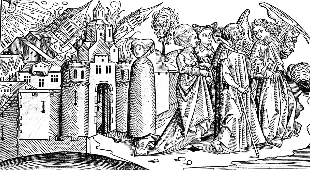 Förstörelse av Sodom och Gomorra genom jordbävning, 1493 av Unbekannt