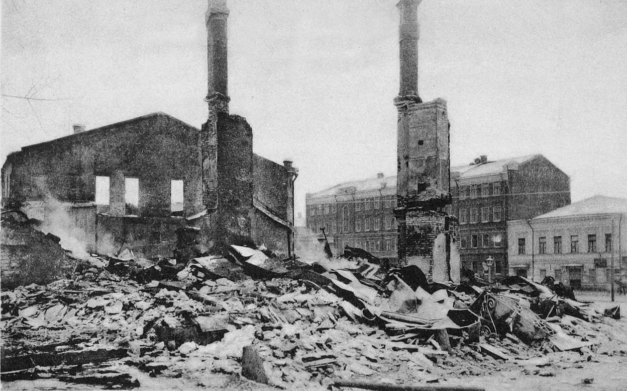 Förstörelse på en gata i Moskva efter revolutionen, Ryssland, december 1905 av Unbekannt