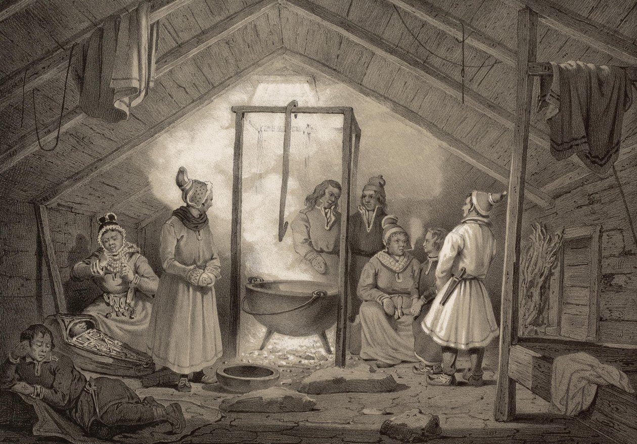 Interiören i en bondgård i Finnmark. Illustration hämtad från boken Norge producerad i Drawings av Asbjørnsen, P.Chr. och utgiven av Chr. Tønsberg (nr, 1848) Söndagsklädda samer i ett vardagsrum. «Trästugor (...) förekommer endast undantagsvis vid Sölapper av Unbekannt