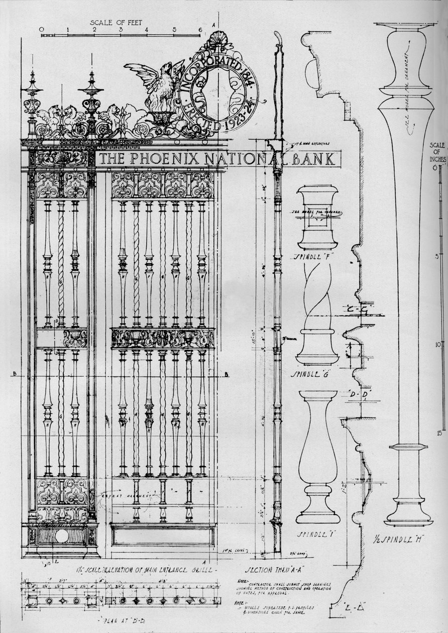 Detaljritning av gallret för huvudingången, Phoenix National Bank, 1924 av Unbekannt