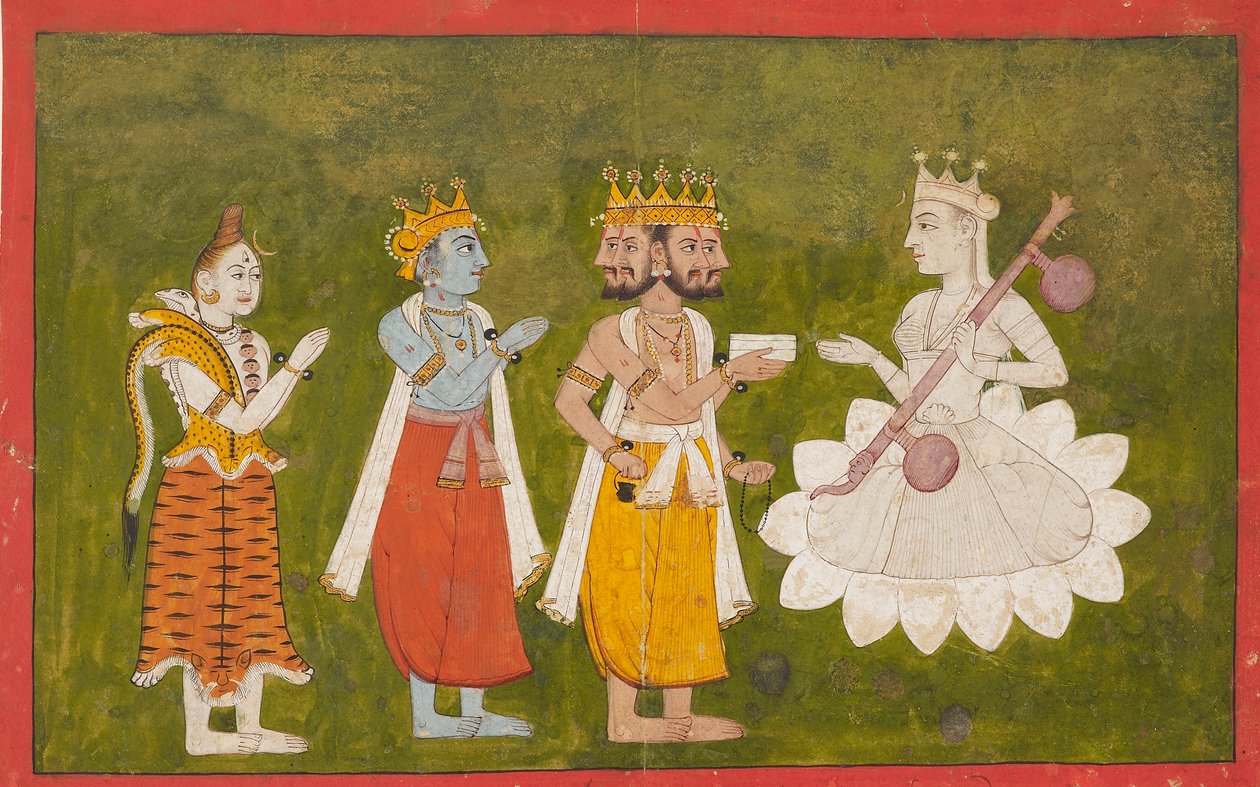 Devi vördad av Brahma, Vishnu och Shiva, c1710 av Unbekannt