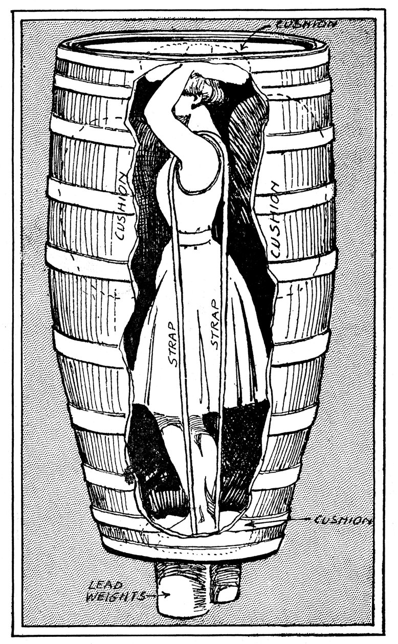 Diagram av fru Anne Edson Taylor i tunnan där hon störtade över Niagarafallen, 1901 av Unbekannt