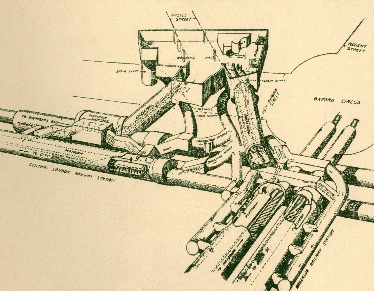 Diagram över den nya tunnelbanestationen vid Oxford Circus, 1930. av Unbekannt