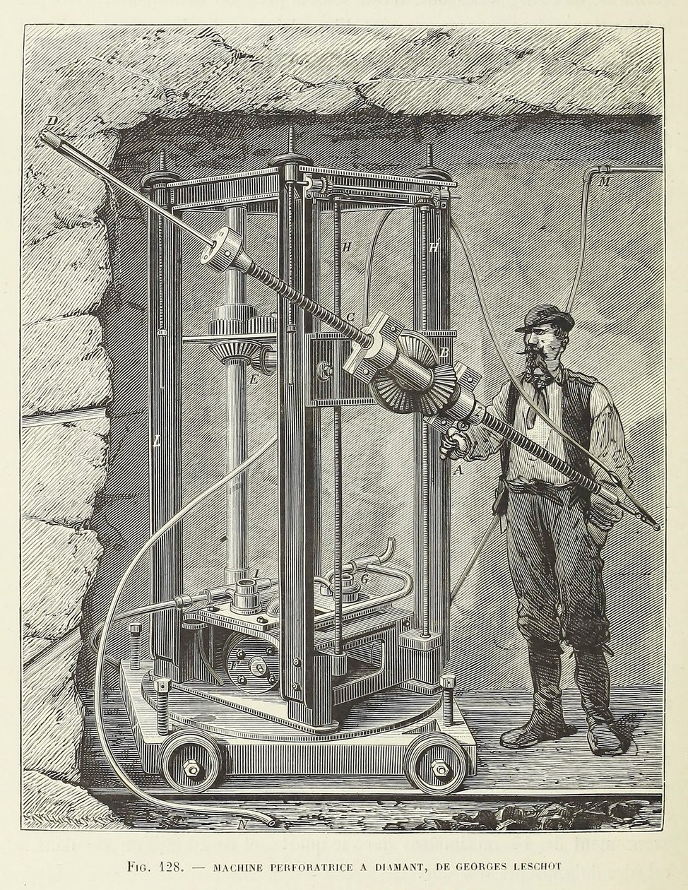 Diamantborrmaskin designad av Georges Leschot, pub. 1883 gravyr, 1883. av Unbekannt