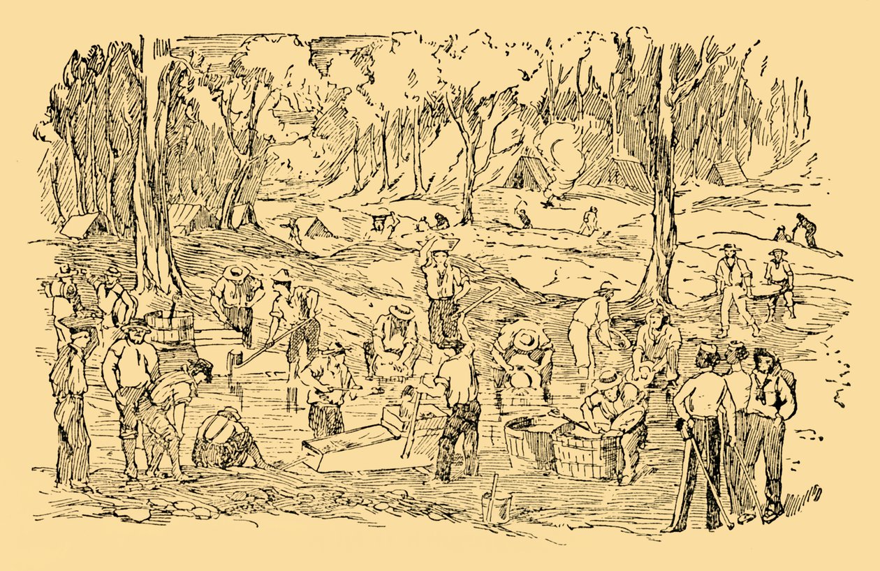 Grävde och tvättade efter guld i Australien 1851, c1930. av Unbekannt