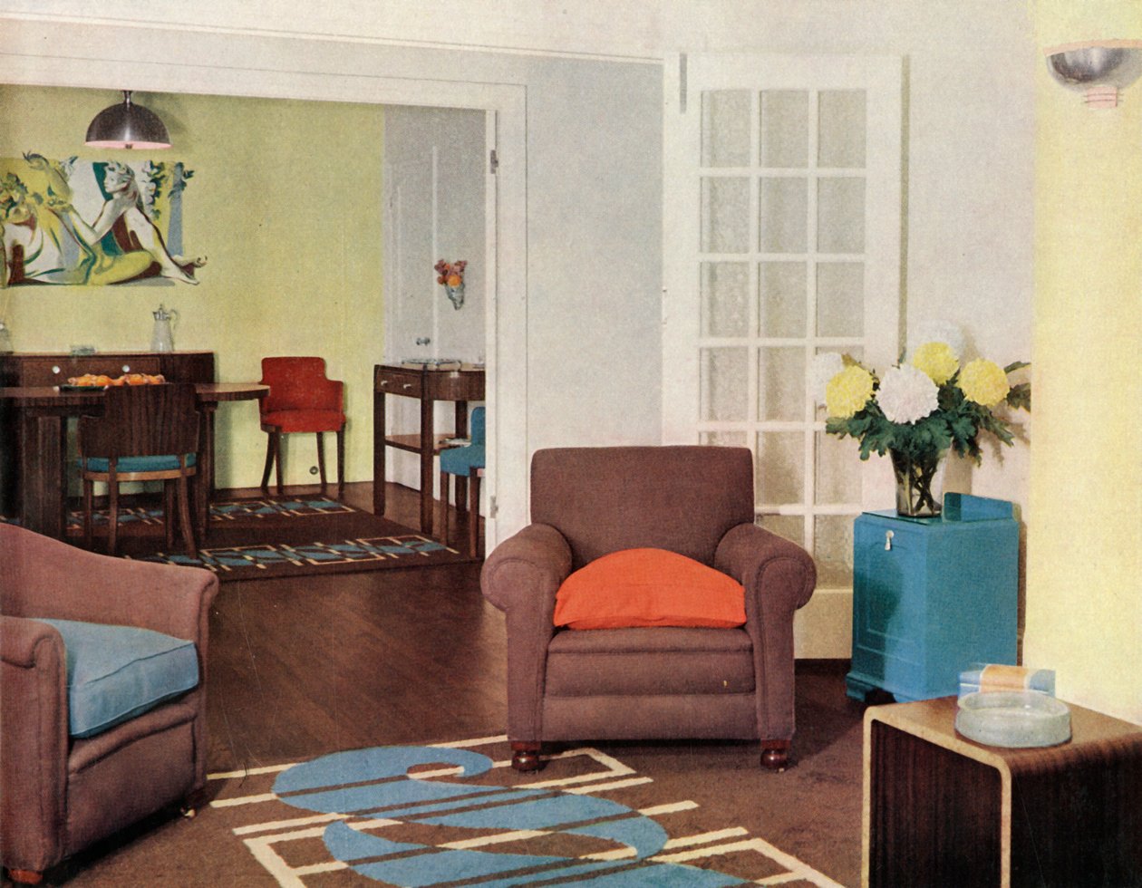 Matsal och lounge i en rekonstruerad lägenhet i London för Mrs Harry Ewbank vid Bryanston Court av Unbekannt