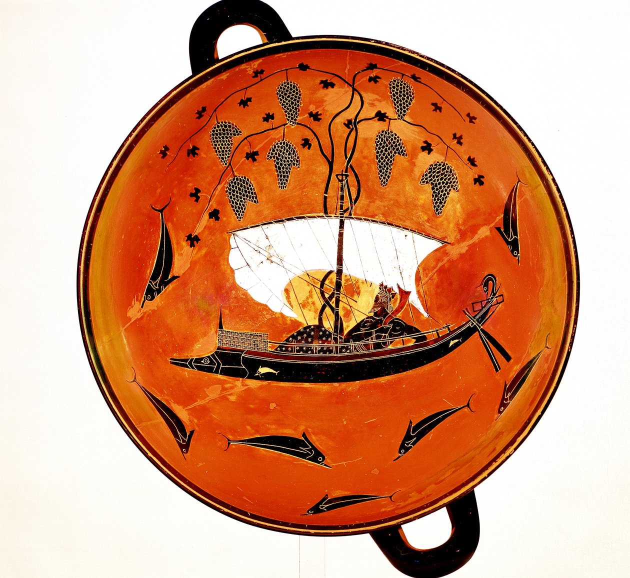 Dionysius i en segelbåt omgiven av delfiner, antik grekisk maträtt Krater, 530 f.Kr. av Unbekannt