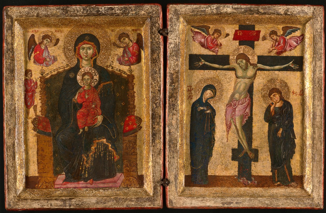 Diptyk av Jungfrun och barnet som tronen och korsfästelsen, 127585. av Unbekannt