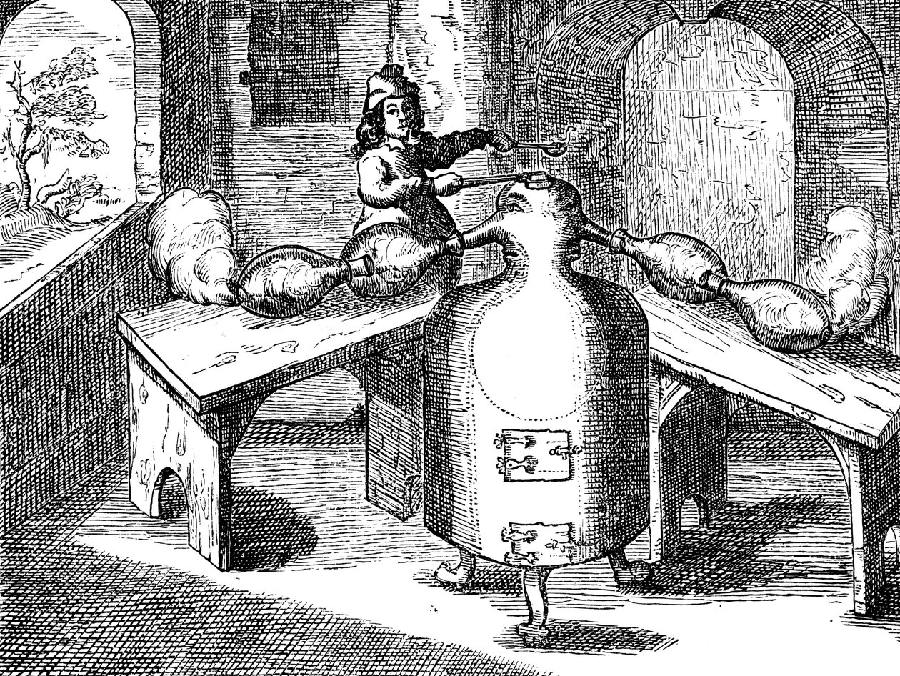 Destillation av salpetersyra Aqua fortis eller avskiljningssyra i en järnman med två näsor, 1689 av Unbekannt