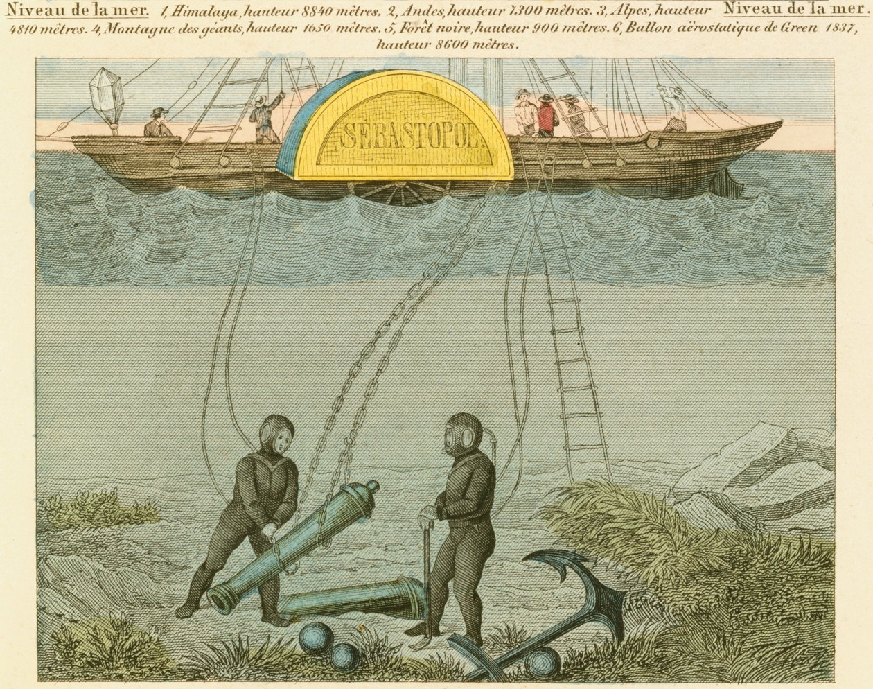 Dykare som bärgar gevär från havsbotten, c1855 av Unbekannt