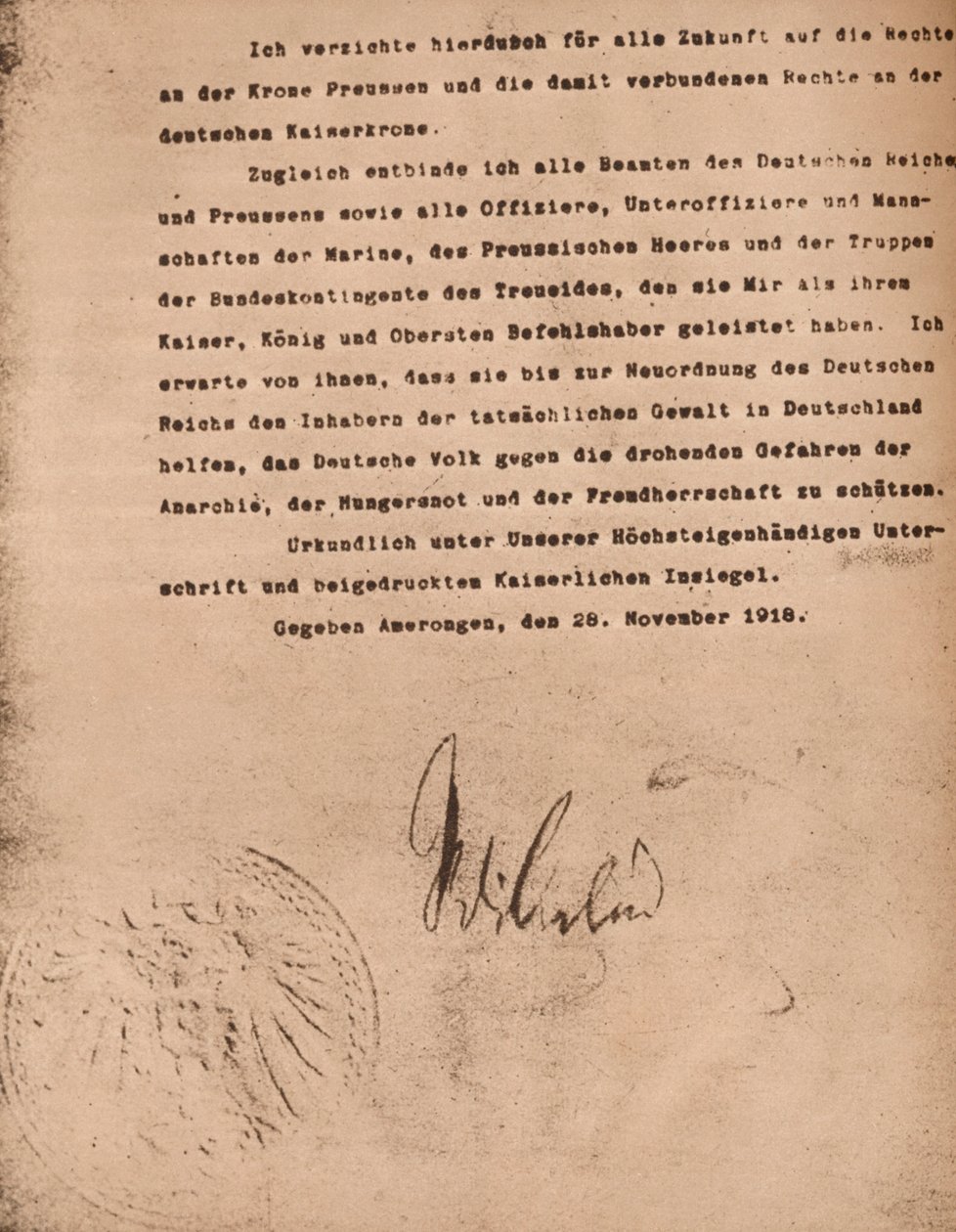 Dokument som bekräftar abdikationen av Kaiser Wilhelm II av Tyskland, den 9 november 1918 1935. av Unbekannt