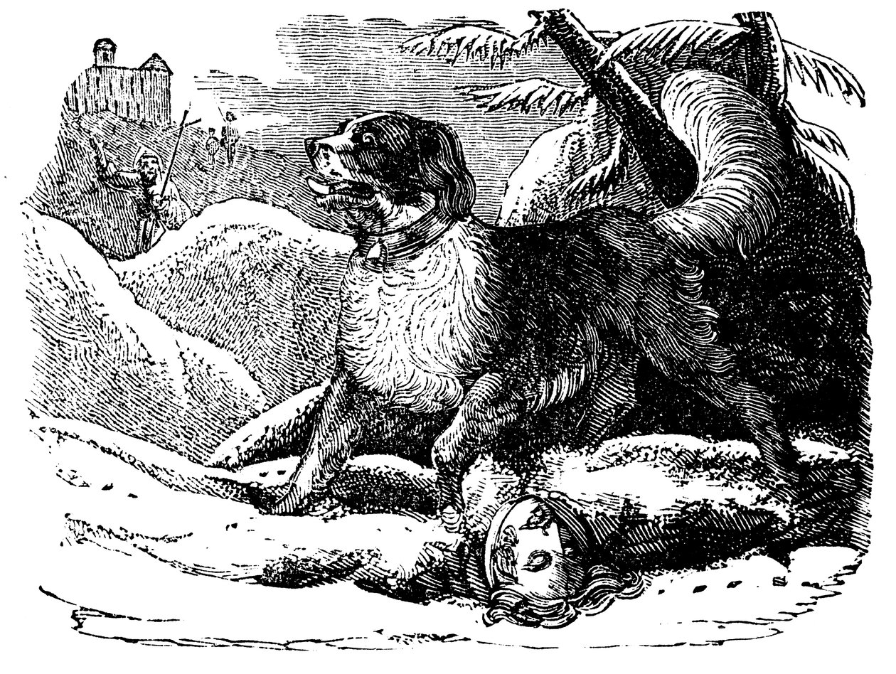 Hund från Hospice of St Bernard hittar en resenär i snön, c1840 av Unbekannt