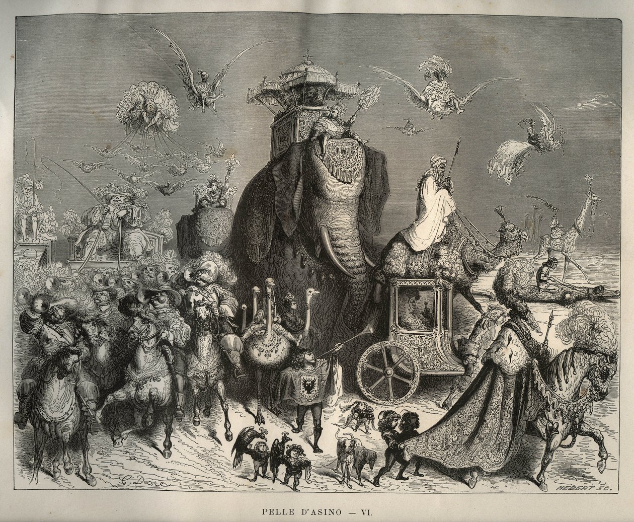 Åsnskinn: carrossus och brudkortege. Gravyr av Gustave Dore (1832-1883) från "" Les contes"" av Charles Perrault (1628-1703) av Unbekannt